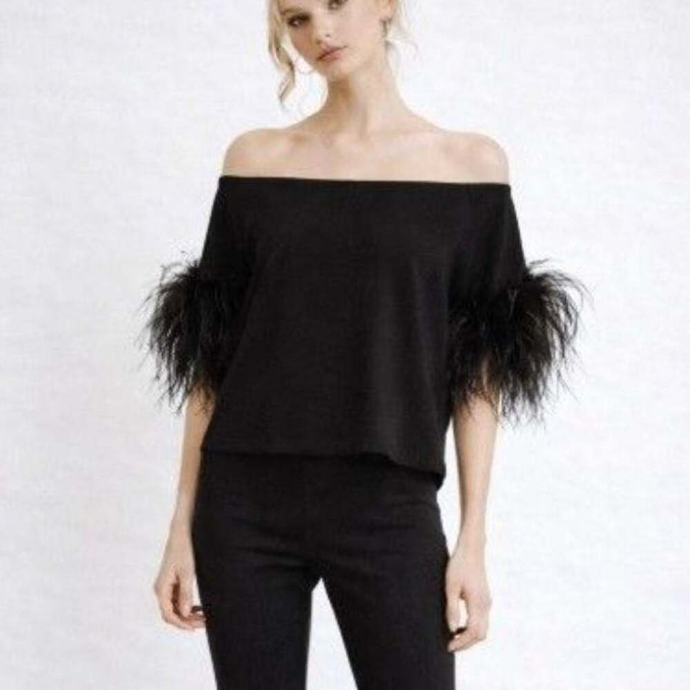 Tuckernuck Miranda Black Off Shoulder Feather Blouse Top Size XL